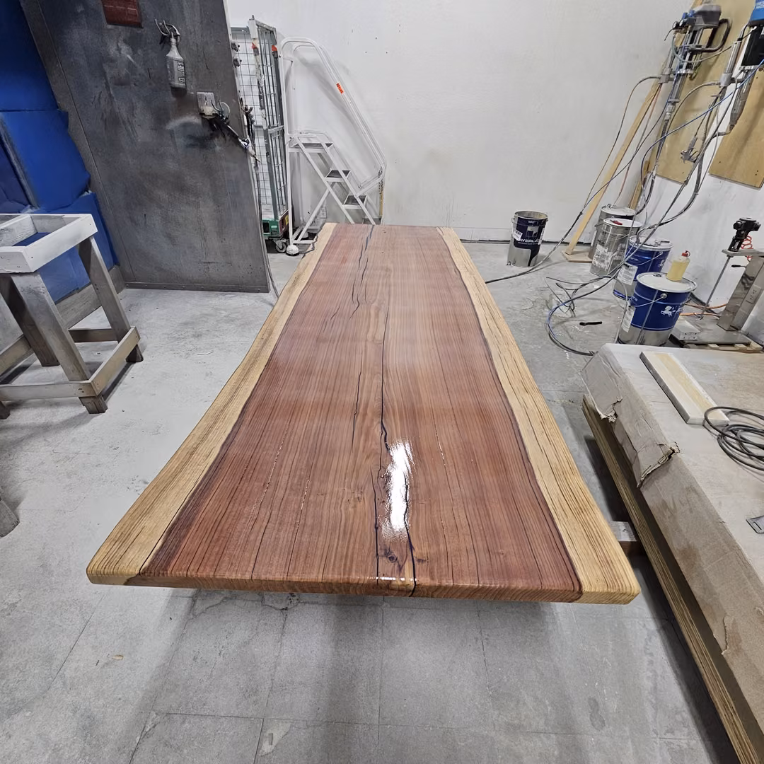 Live-edge wood slab with a fresh finish in the 3R shop